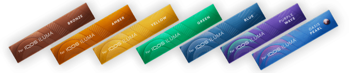 Lineup of TEREA tobacco stick packs, showcasing a variety of 7 unique tastes to choose from.