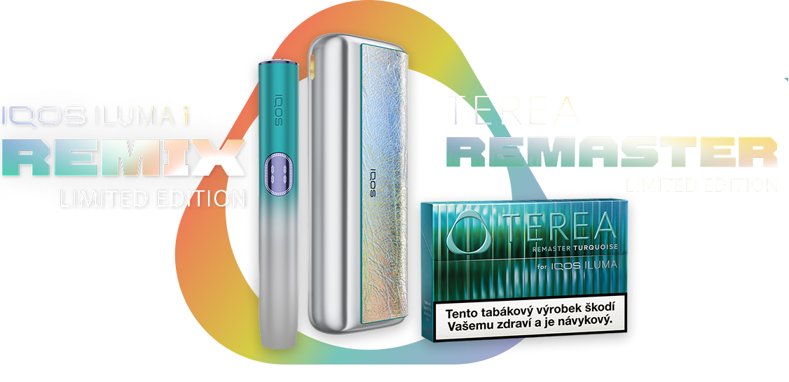 IQOS ILUMA i PRIME REMIX Limited Edition + TEREA REMASTER Limited Edition na duhovém pozadí