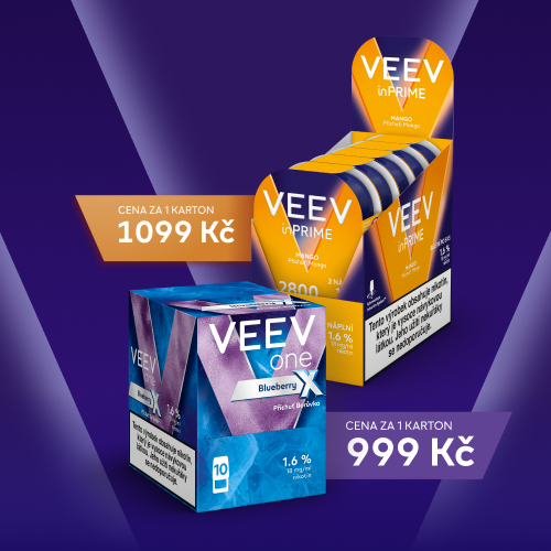 Kartony Veev One a Vee inPrime na modrém pozadí