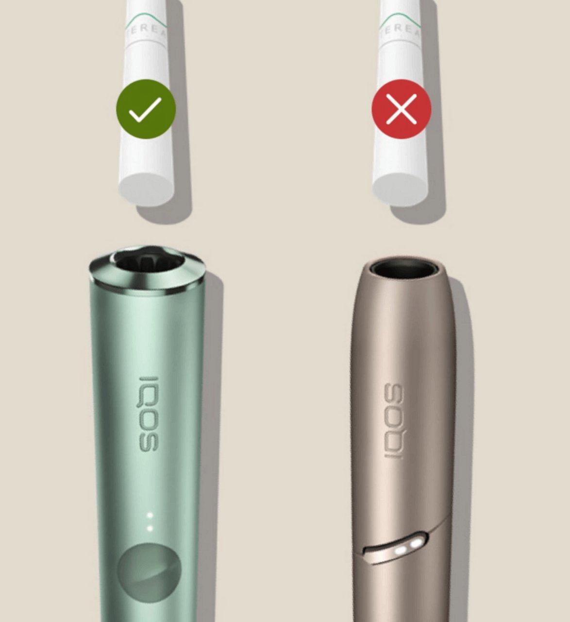 schematische Darstellung, dass ein TEREA Tabakstick in ein IQOS ILUMA passt, aber nicht in ein älteres Gerätschematische Darstellung, dass ein TEREA Tabakstick in ein IQOS ILUMA passt, aber nicht in ein älteres Gerät