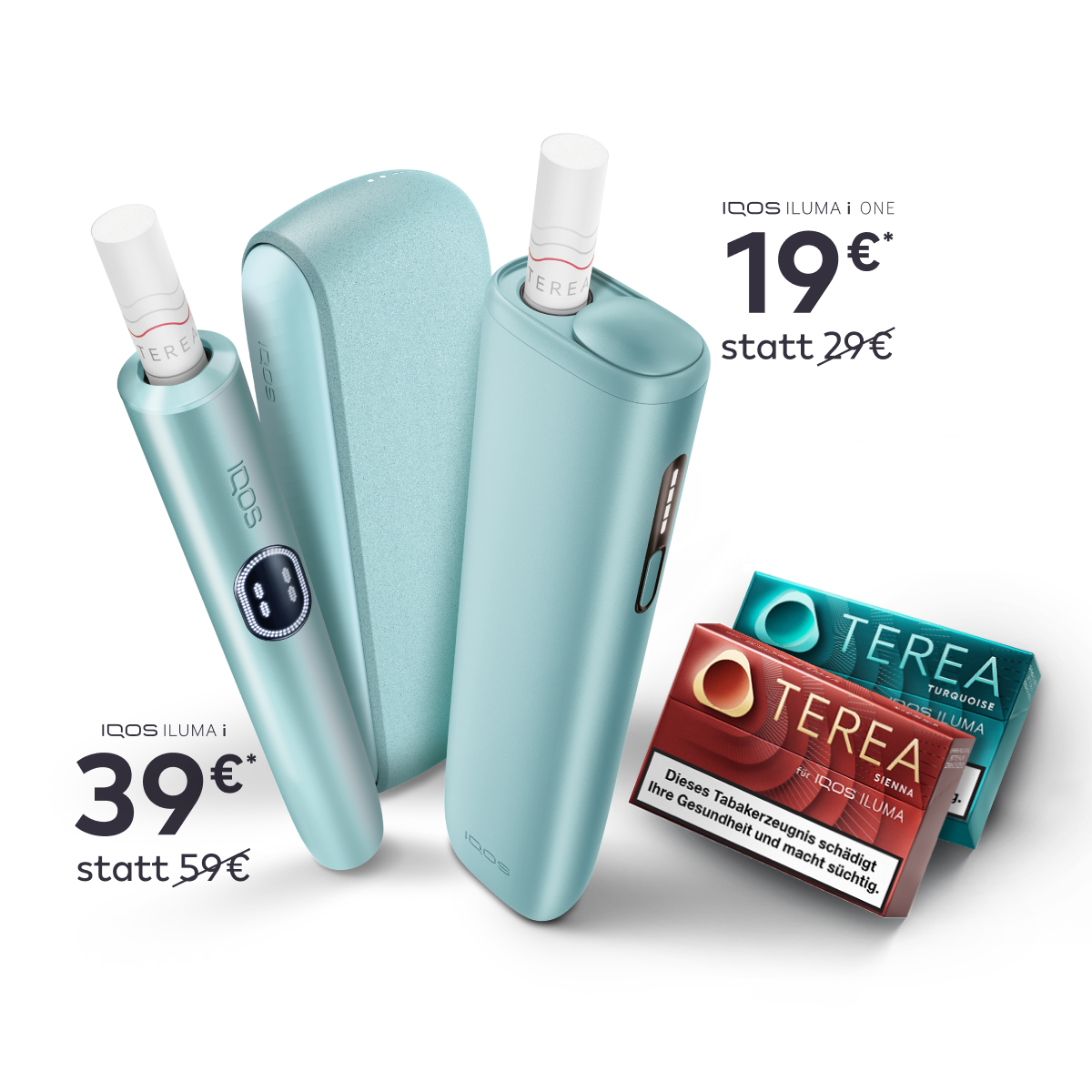 IQOS ILUMA i für 39 statt 59 Euro und IQOS ILUMA i ONE für 19 statt 29 Euro vor einem roten Karneval Hintergrund