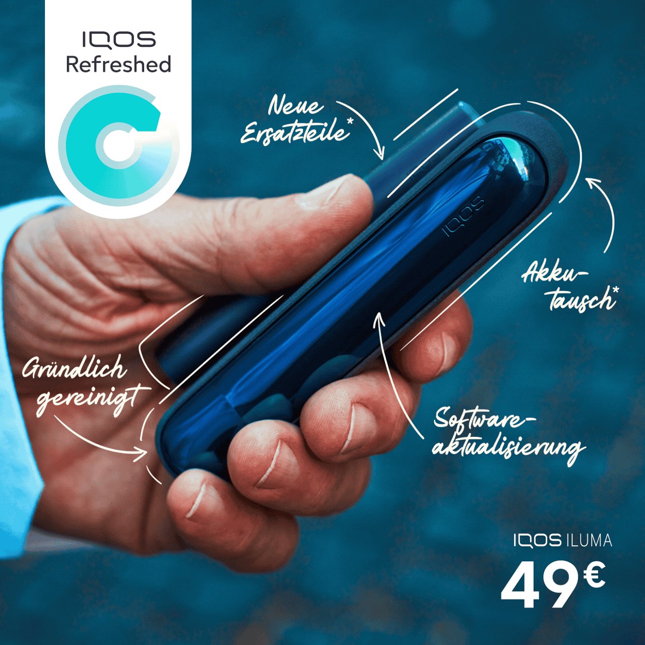 IQOS Refreshed Tabakerhitzer vor einem blauen Hintergrund.