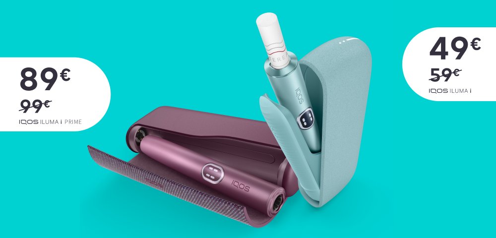 2 IQOS Tabakerhitzer vor einem türkisen Hintergrund.