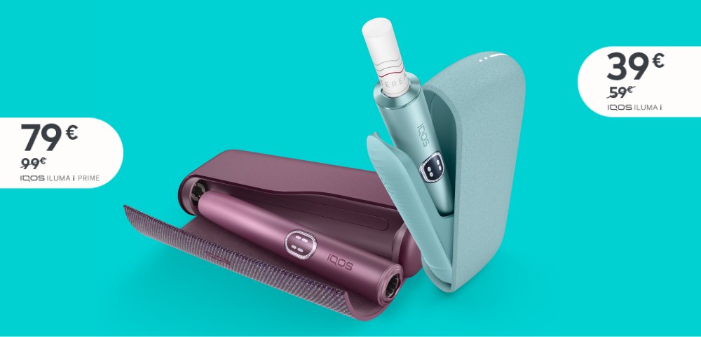 2 IQOS Tabakerhitzer vor einem türkisen Hintergrund.