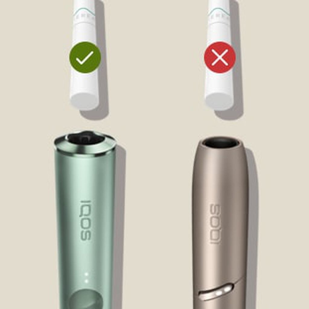 An IQOS ILUMA device with a TEREA stick being fitted compared to an IQOS 3 device which should not be used with TEREA.