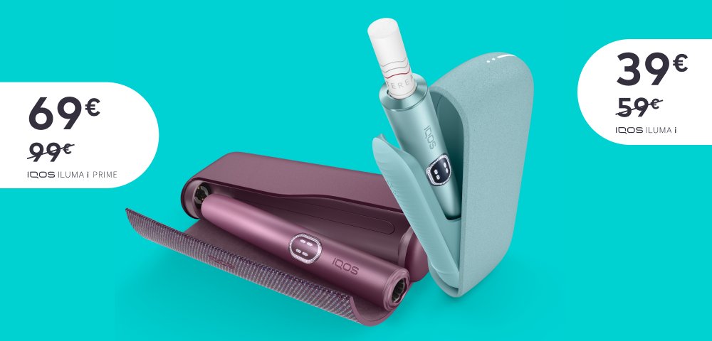 2 IQOS Tabakerhitzer vor einem türkisen Hintergrund.