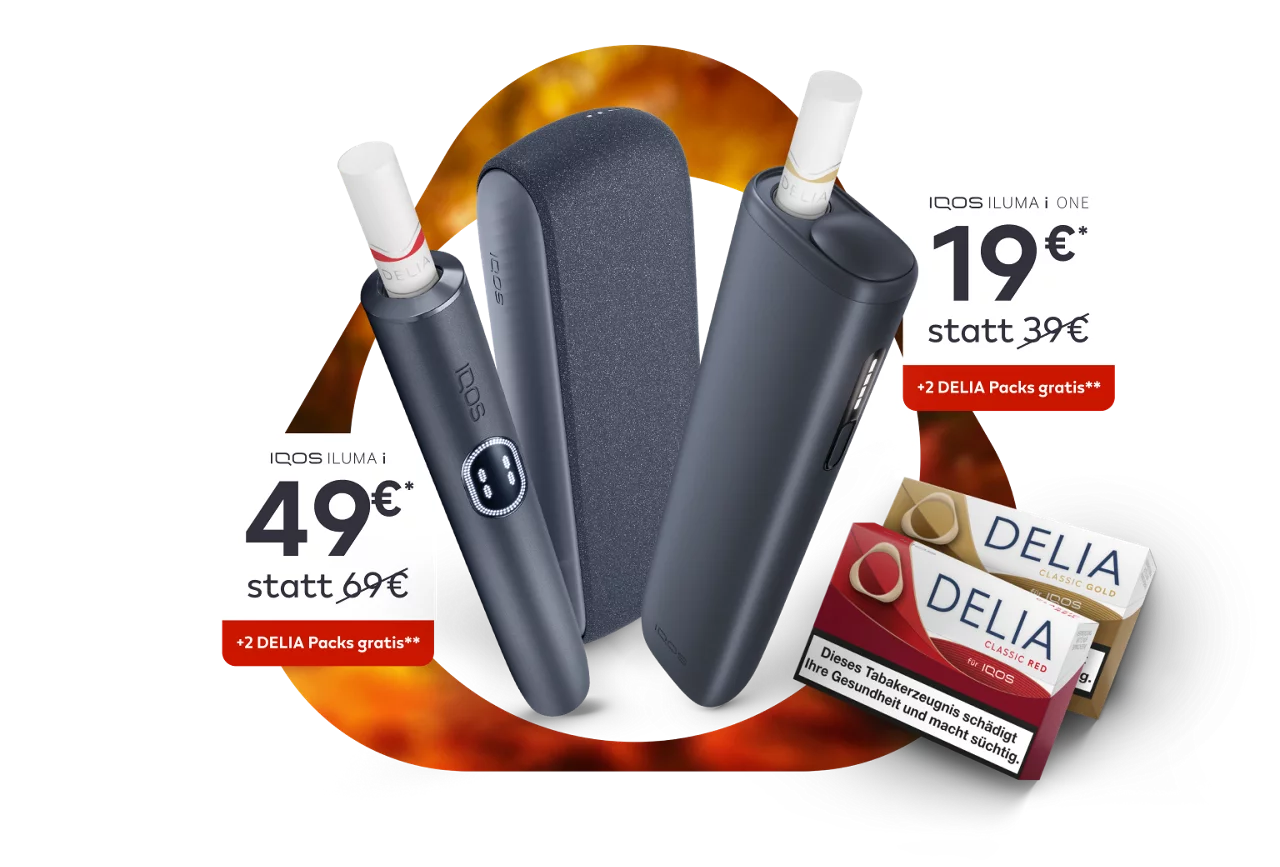 IQOS ILUMA i Geräte mit zwei DELIA Packs vor einem orangefarbenen Hintergrund
