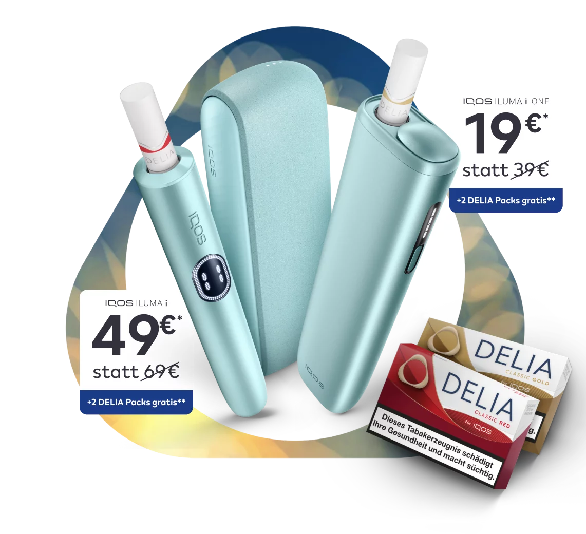 IQOS ILUMA i Geräte mit zwei DELIA Packs vor Wiesn Hintergrund
