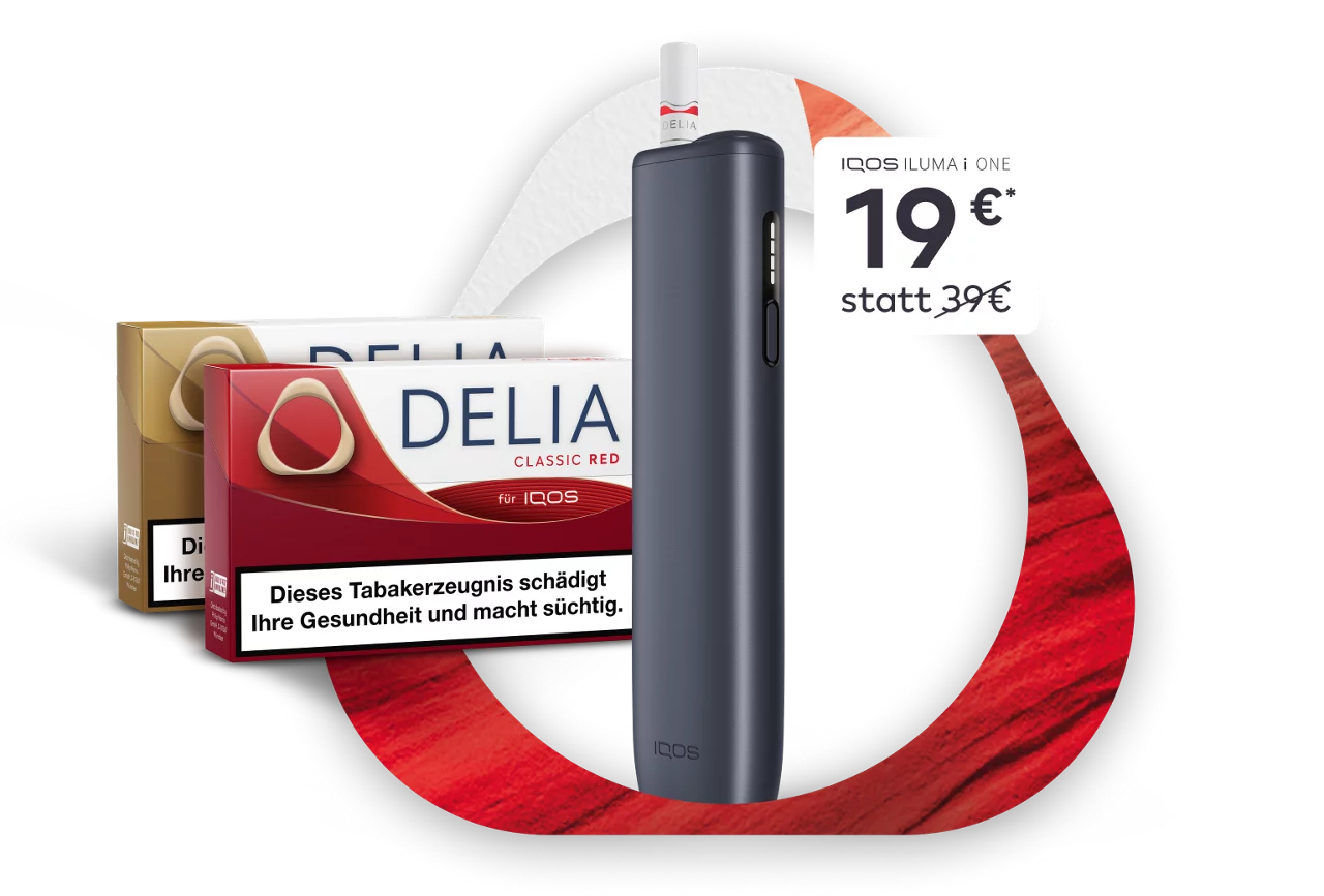 IQOS ILUMA i ONE mit DELIA Tabaksticks, 2 DELIA Packungen und Preisaktionen vor rot und weißem Hintergrund