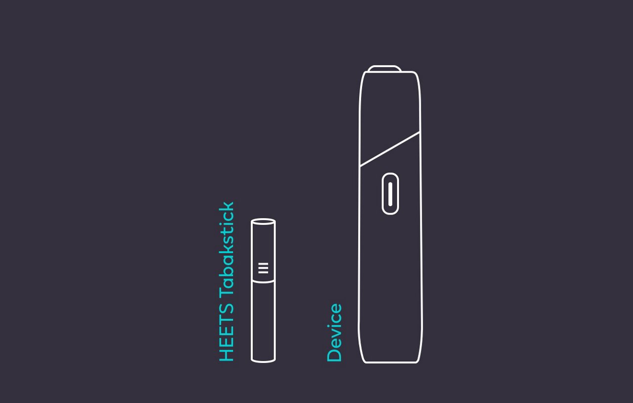 Graphisch dargesteltes IQOS Originals ONE Tabakerhitzer und ein HEETS Tabakstick