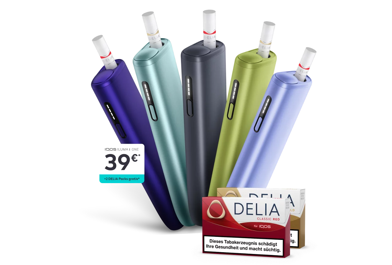 IQOS ILUMA i ONE mit 2 Packungen DELIA gratis für 39 € aufgefächert in allen 5 Farben