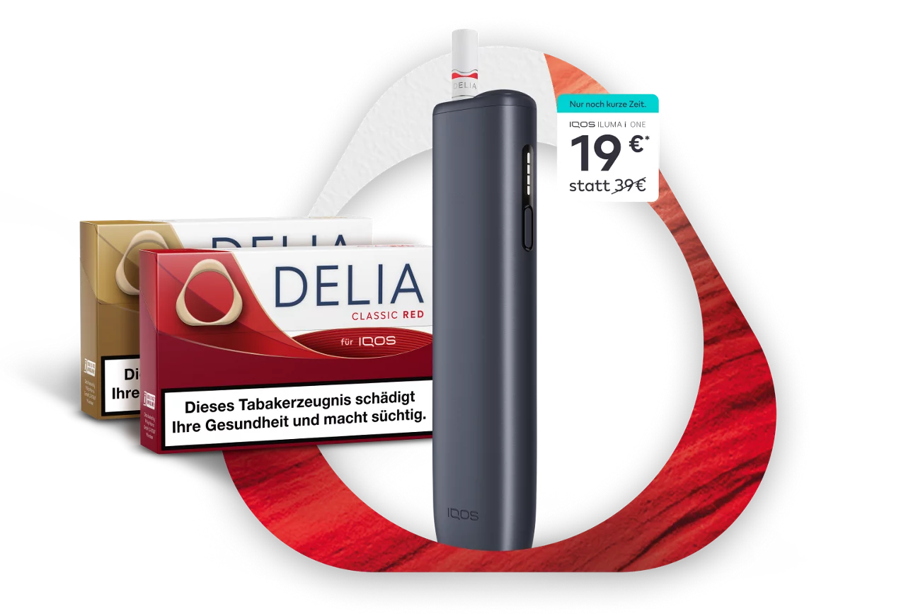 IQOS ILUMA i ONE mit DELIA Tabaksticks, 2 DELIA Packungen und Preisaktionen vor rot und weißem Hintergrund
