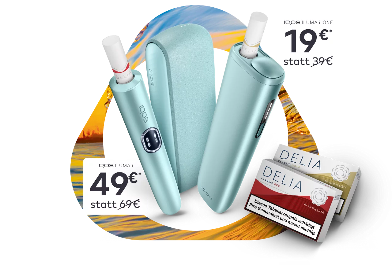 IQOS ILUMA i und IQOS ILUMA i ONE mit DELIA Tabaksticks und Preisaktionen vor sommerlichem Hintergrund