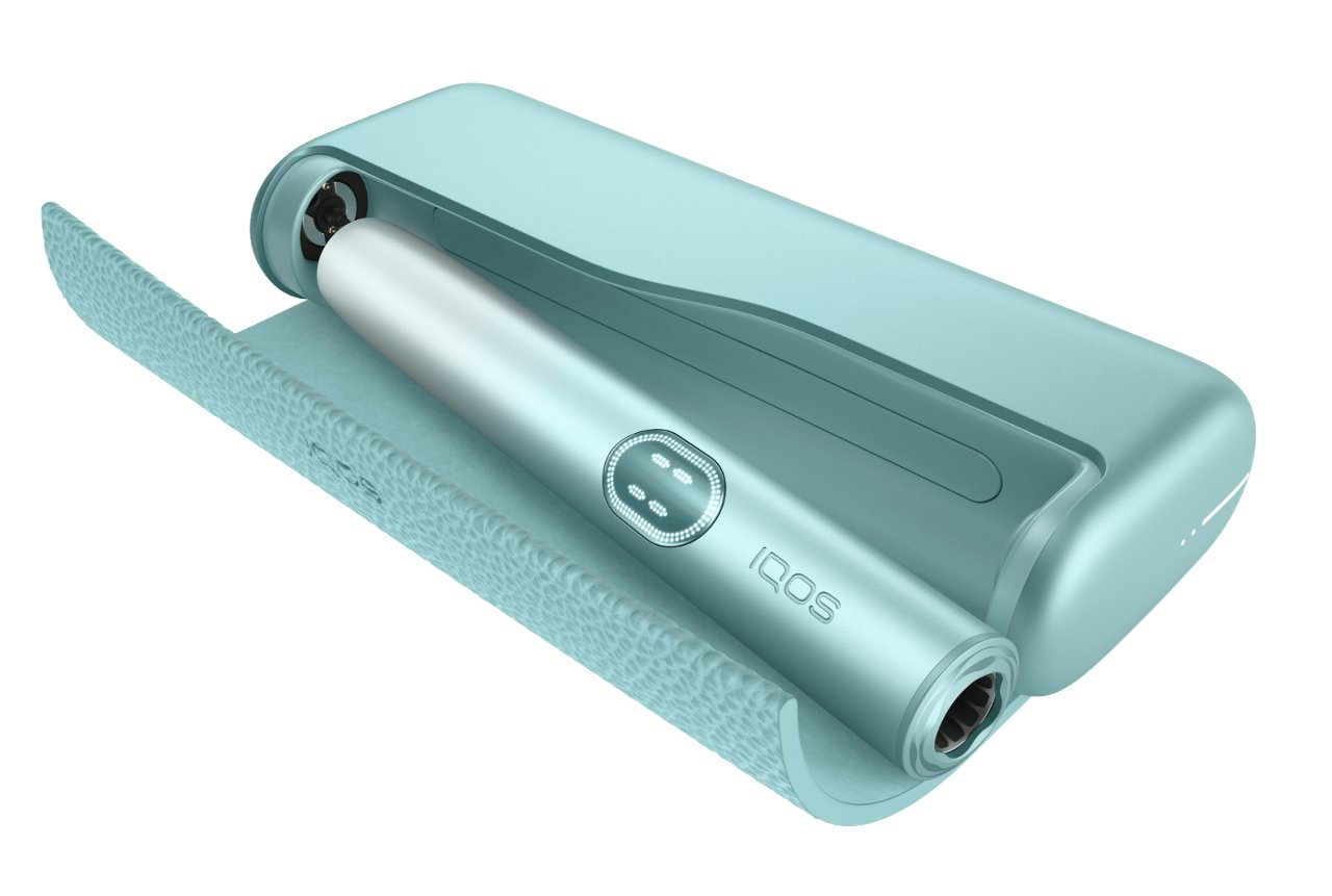 Breeze Blue IQOS ILUMA i PRIME with the Holder inside the Pocket Charger casing, showcasing sleek modern design.