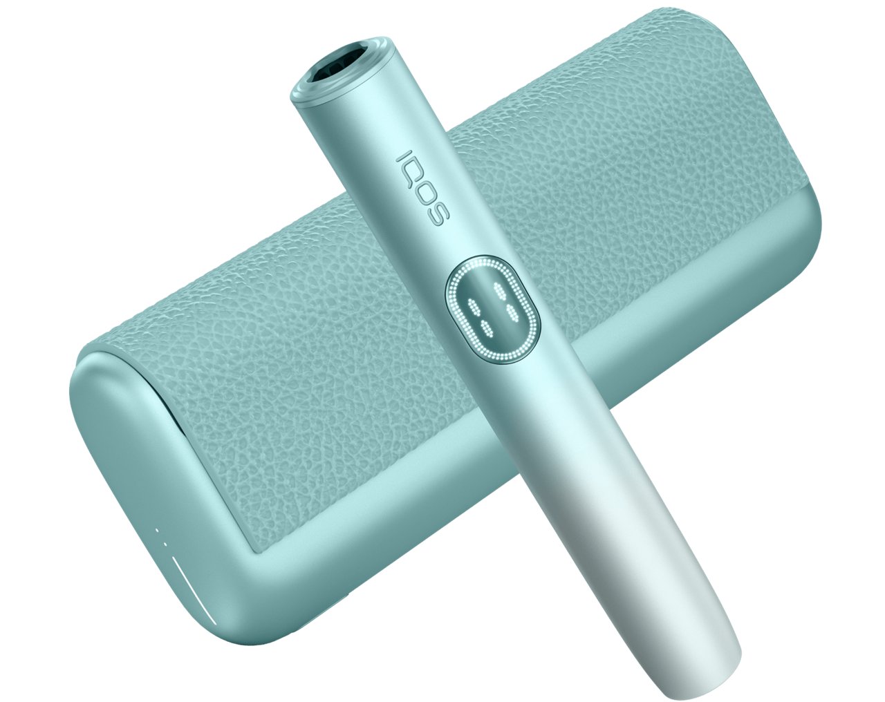 Breeze Blue IQOS ILUMA i PRIME device with button and LED indicator, placed diagonally.