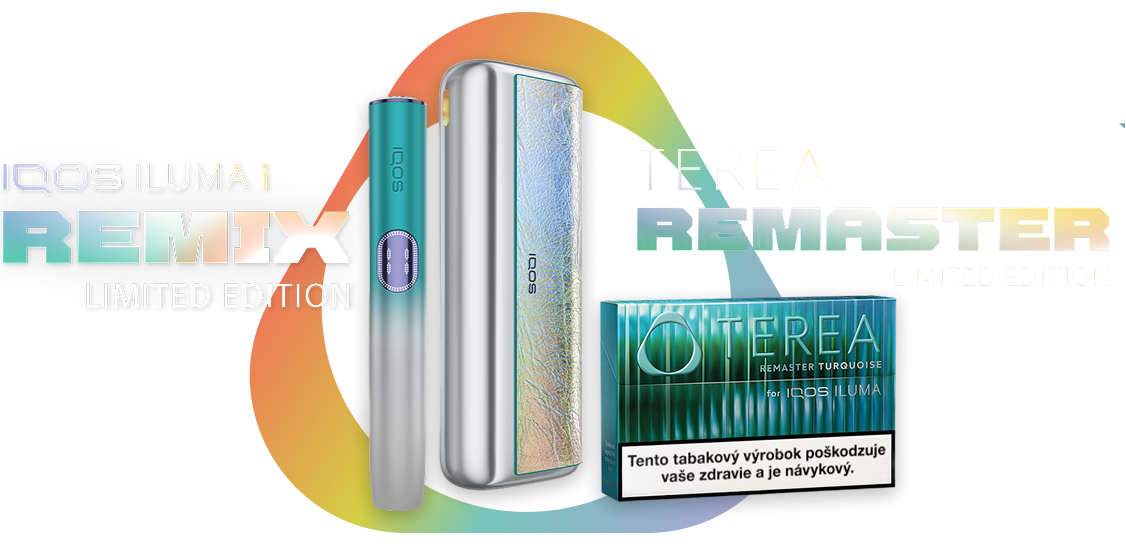 IQOS ILUMA i PRIME REMIX Limited Edition + TEREA REMASTER Limited Edition na duhovom pozadí
