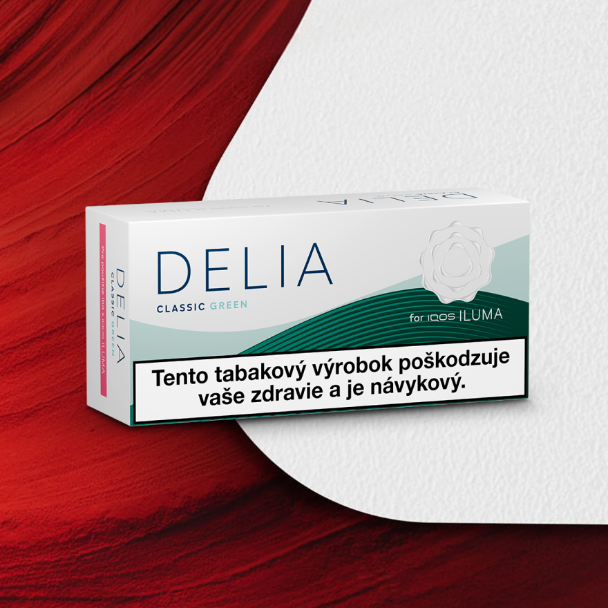 Krabička tabakových náplníDELIA Classic Green s povinným varovaním na výraznom červeno-bielom podklade.