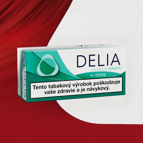 Krabička tabakových náplníDELIA Classic Green s povinným varovaním na výraznom červeno-bielom podklade.