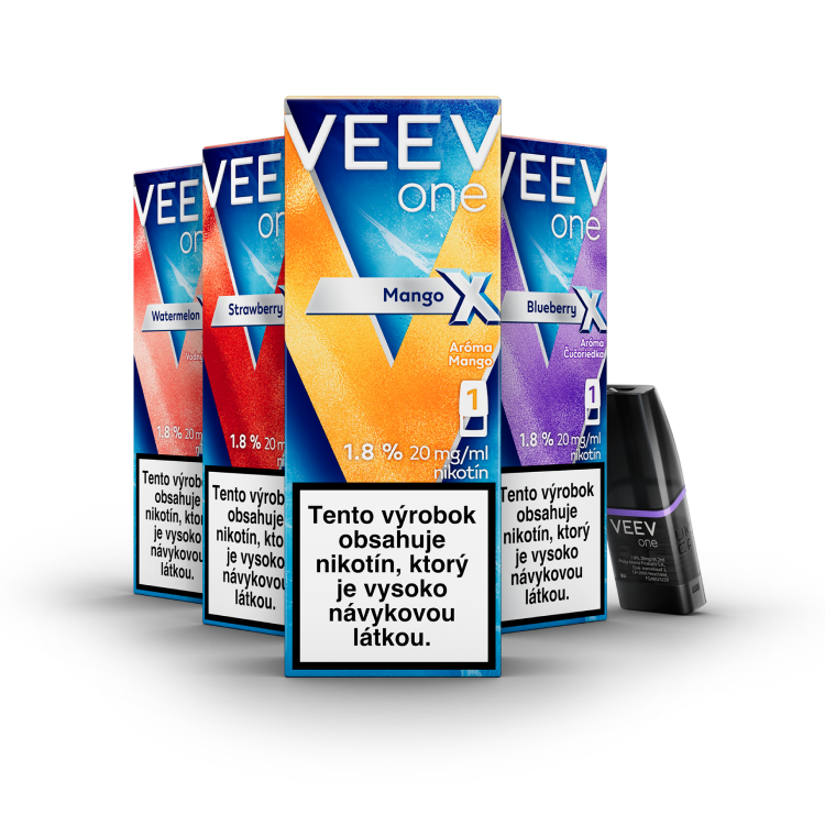 Nikotínové náplne VEEV one X v príchutiach jahoda, čučoriedka, mango a vodný melón.
