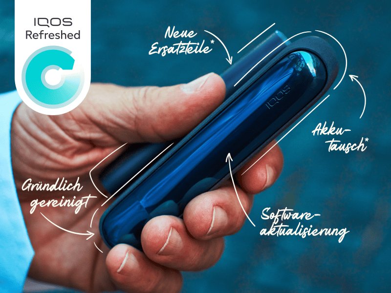 Blaues IQOS Refreshed Gerät mit allen Vorteilen ausgeschrieben, inkl. Neue Ersatzteile, getauschter Akku, gründlich gereinigt und aktualisierter Software