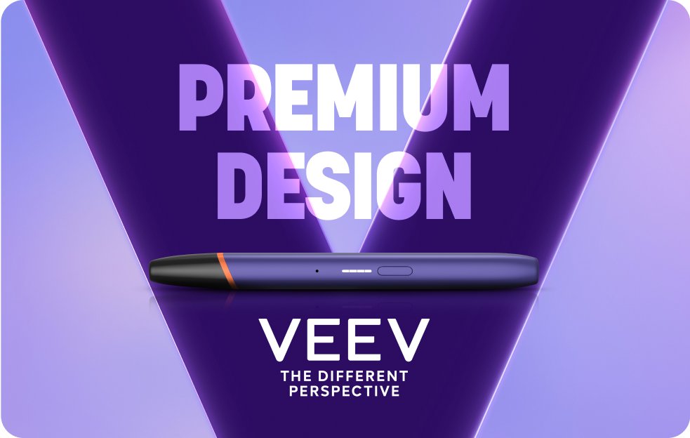  Premium Design Schriftzug mit lila V und VEEV one Device