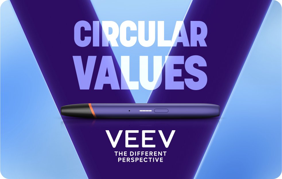 Circular Values Schriftzug mit lila V und VEEV one Device