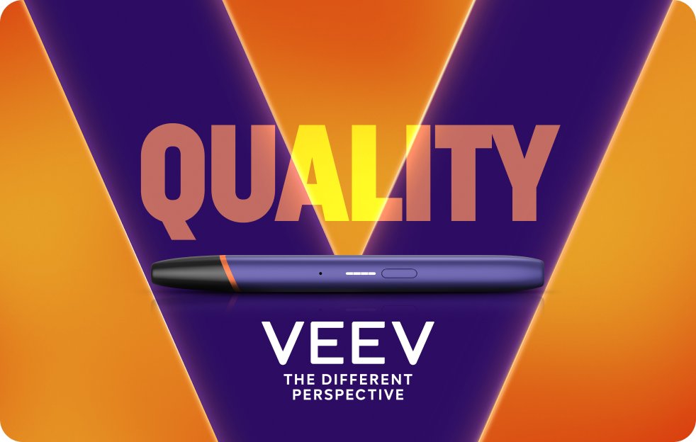 Quality Schriftzug mit lila V und VEEV One Device