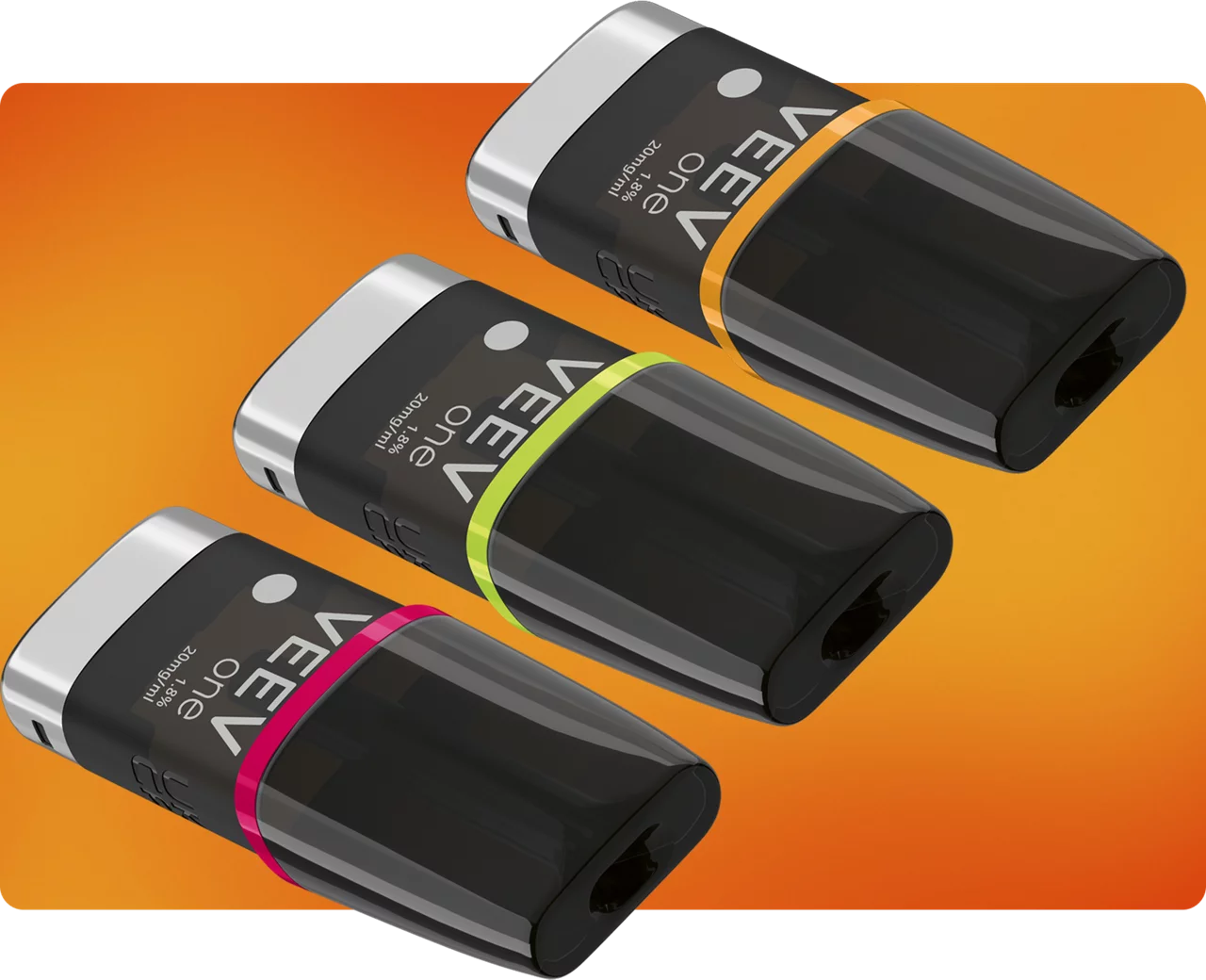 3 VEEV one Pods aufgereiht auf einem orangefarbenen Hintergrund. 