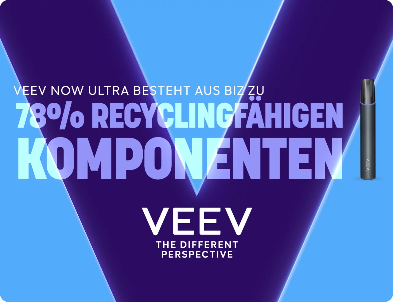 Schriftzug 78% recyclingfähige Komponenten vor einem lila V