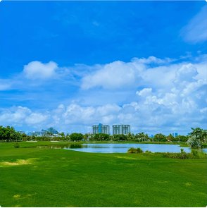 Blue sky, grass, and a lake