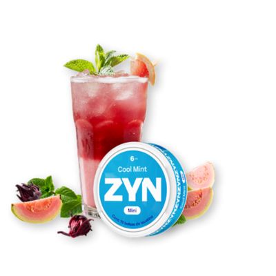 Bebida rosada con hielo y hojas de menta, rodeada de guayaba y frutos rojos, junto a un envase circular ZYN Cool Mint.