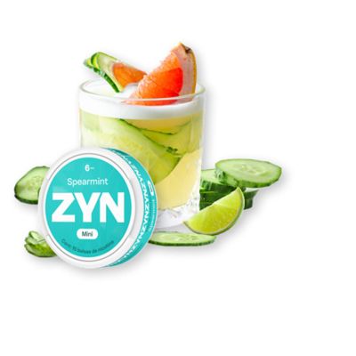 Bebida fría en vaso con hielo, rodajas de pepino, limón y toronja, acompañada de un envase circular ZYN Spearmint.