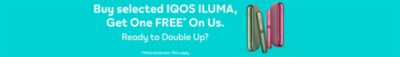 IQOS Iluma i series positioned centrally within the IQOS logo with logo's line in blue neon.