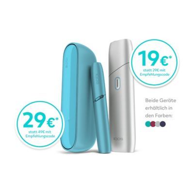 IQOS ORIGINALS Geräte in Türkisblau und Silber mit Empfehlungsangebot.