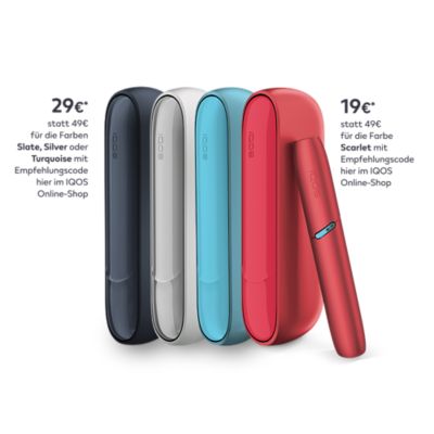 IQOS ORIGINALS DUO in den Farben Slate, Silver, Turquoise, Scarlet.
