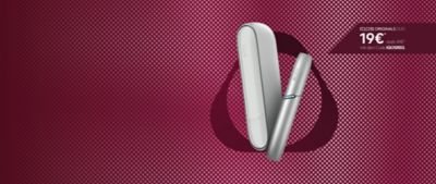 Silbernes IQOS ORIGINALS DUO vor rotem Punktmuster, daneben Preisangebot "19 € mit dem Code IQOSREG". 