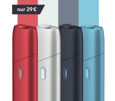 Das neue IQOS ORIGINALS ONE in vier leuchtenden Farben: Red, Silver, Slate und Turquoise.	
