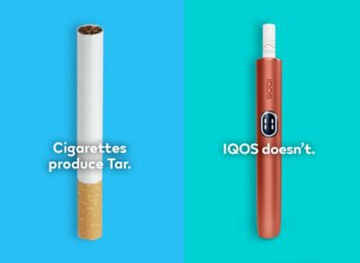 Cigarette filter with brown combustion stains compared to IQOS HEETS stick in IQOS 3 DUO holder with no equivalent stain.