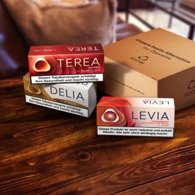 TEREA, DELIA und LEVIA Packungen auf einem Tisch