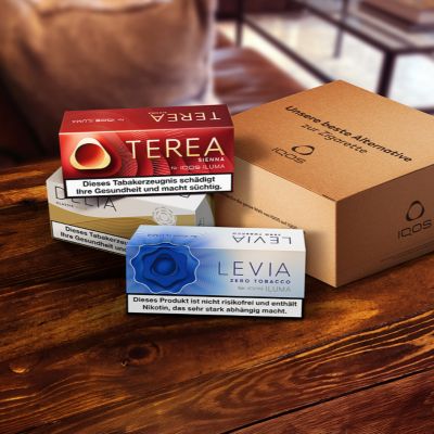 TEREA, DELIA und LEVIA Packungen auf einem Tisch