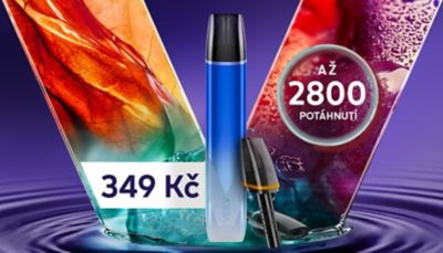 E-cigareta VEEV inPRIME se dvěma náplněmi s velkým V na pozadí