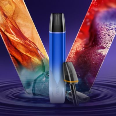 Jednorázová elektronická e-cigareta VEEV NOW inPRIME na barevném pozadí