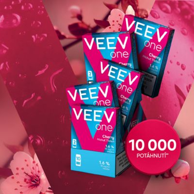 VEEV ONE cherry krabičky na ružovom pozadí