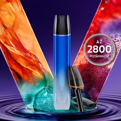 Zařízení a náplň VEEV inPrime na fialovém pozadí v barevném písmenu V