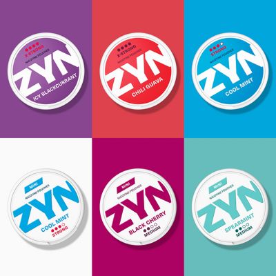 3 plechovky ZYN Slim a 3 plechovky ZYN Mini. Jednobarevné pozadí s použitím palety plechovek ZYN.
