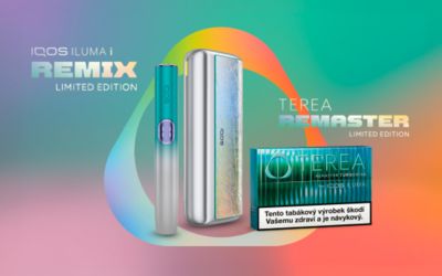 IQOS ILUMA i Remix Limited Edition a TEREA Remaster náplně na barevném gradientním pozadí