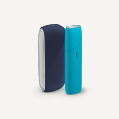 IQOS Originals Duo with silicon sleeve in slate color, next to an all-in-one IQOS Originals One device with light blue cap.