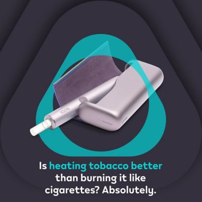 IQOS ILUMA Prime device on the IQOS key logo with caption: Is heating tobacco better than burning it like cigarettes? Absolutely.