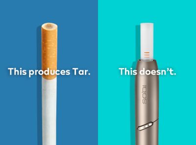 Cigarette filter with brown combustion stains compared to IQOS HEETS stick in IQOS 3 DUO holder with no equivalent stain.