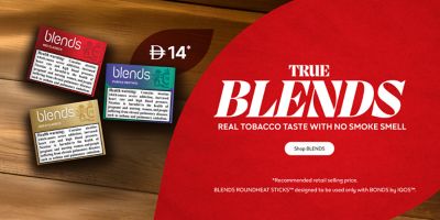 BLENDS Gold Classics, Red Classics and Green Classics flavour cards on a red background